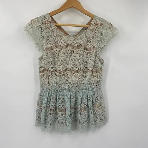 Anthropologie Maeve Top Lace Fit & Flare Peplum Scoop Neck Cotton Blue Womens XS - Picture 2 of 6